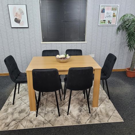 Dining Table and 6 Chairs With Bench Oak Effect Wood 6 Black Velvet Chairs Dining Room (1/5)