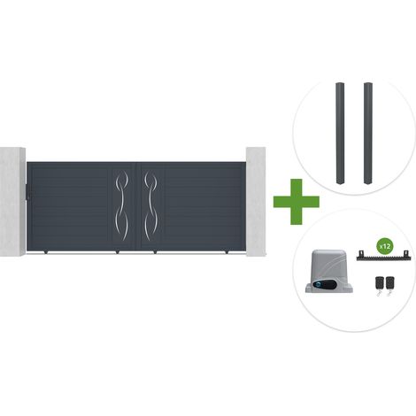 Portail coulissant 3,5m LIFE H.140cm aluminium gris + 2 poteaux ELDA + motorisation Ranger C300 (1/5)