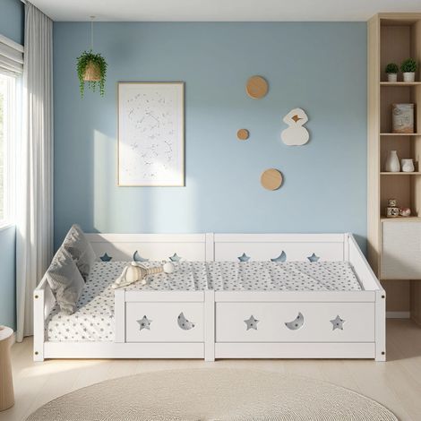 Canapé-lit en bois sur pied, 140 x 200 cm, canapé-lit double, adapté aux chambres et aux enfants, avec barres de sécurité et sommier à lattes. (1/5)