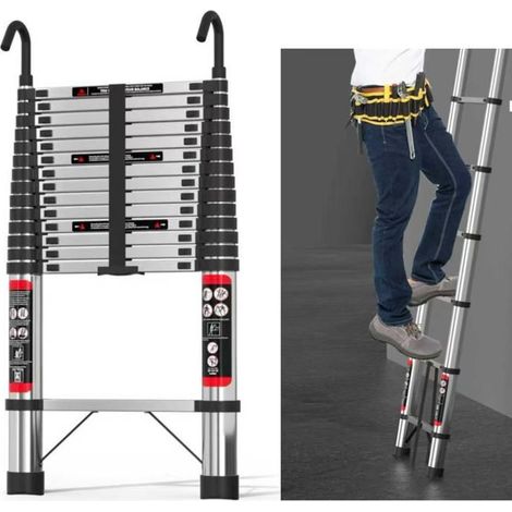 Scala pieghevole retrattile in acciaio inossidabile di 5 metri, con pedali scorrevoli antiscivolo e ganci, versatile.