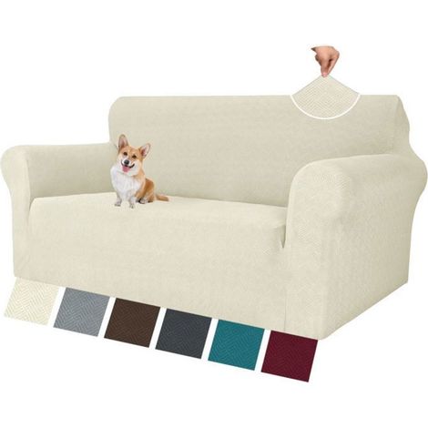 Housse De Canapé 2 Places avec Accoudoirs, Universelle Housse Canapé Extensible, Sofa Cover en Jacquard, Lavable, Beige