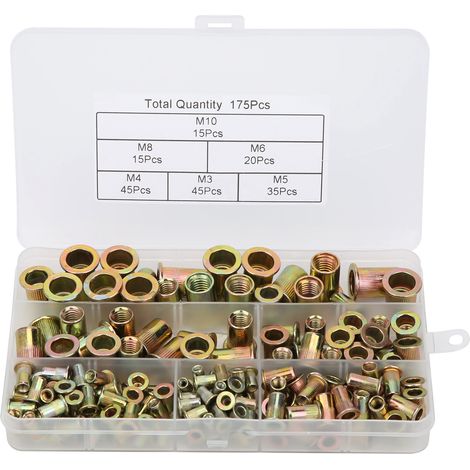 175 Pièces Écrous Rivet Zinc Acier M3-4-5-6-8-10 Système Métrique ...