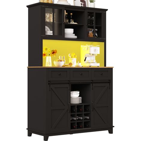 Meuble de cuisine haut (105×38.4×180cm), buffet colonne avec étagères réglables, vitrine armoire, sideboard à éclairage LED intégré, couleurs de lumière variables, noir. (1/5)