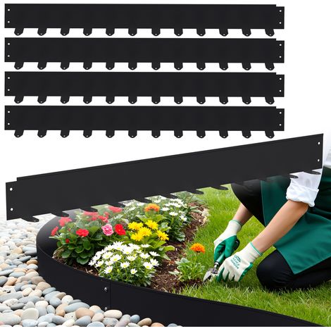 Wolketon Bordure en acier flexible pour jardin et pelouse - 5 panneaux de 100 cm (longueur totale 5 m) - hauteur 5 cm - couleur noir - avec 60 piquets et clous de fixation