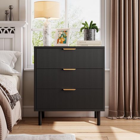 Commode moderne 3 tiroirs, façade cannelée ondulée, meuble d'Entrée 70x40x76 cm, pieds métalliques, système anti-basculement - noir