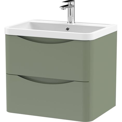 Nuie Lunar Satin Green 600mm Wall Hung 2 Drawer Vanity Unit and Polymarble Basin - LUN802 (1/3)