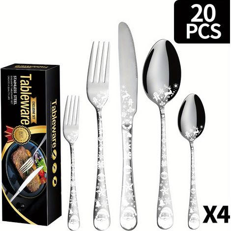 Ménagère de Noël 20 Pièces en Acier Inoxydable, Motif Festif, Service de Couverts Durable, Argent (1/5)