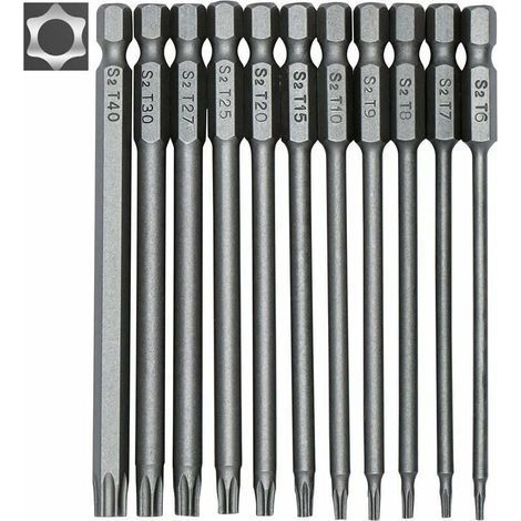 Set mit 11 langen Torx-Bits für Schraubendreher und Bohrmaschinen – Magnetische Bits – 1/4"-Sechskantschaft – Größen T6 bis T40 – Länge 100 mm (1/5)