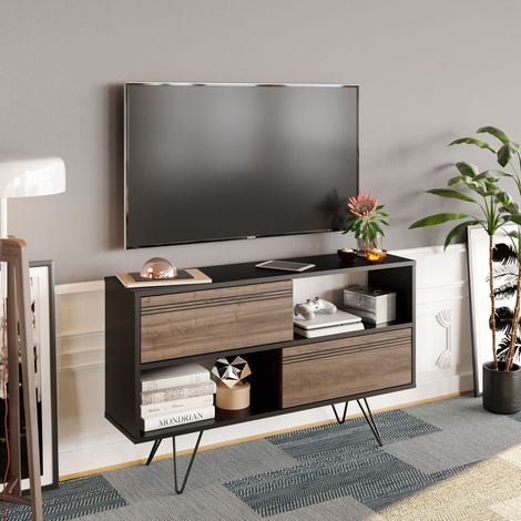 Decorotika Kerby 120 Cm Wide Modern Meuble TV Meuble TV With industrial Metal Legs-TV Cabinet With Two Doors Up To 51 TVs -Noir And Walnut Pattern (1/5)