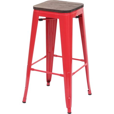 Barhocker HHG-919 inkl. Holz-Sitzfläche, Barstuhl Tresenhocker, Metall Industriedesign stapelbar rot