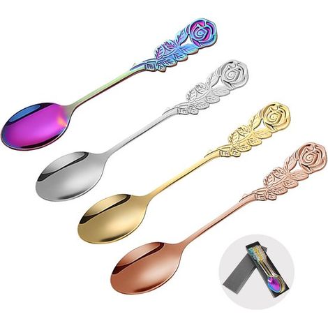 Cucharas de café de regalo，4 colores de cucharas de café con mango rosa suave，13 cm，cuchara para pastel，cuchara para postre de café (1/5)