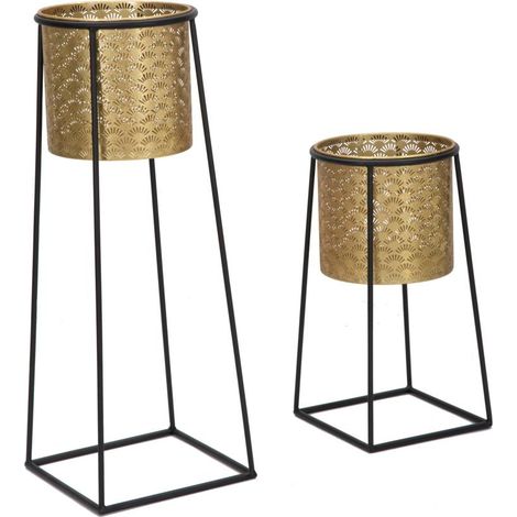 Porta Vasi Coppia Cup Ø26x70-23x45 cm in Ferro Nero e Oro (1/5)
