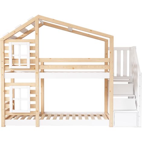 Litera infantil tipo cabaña 90 x 200 cm con almacenaje, madera natural y blanco, HOMVRA (1/5)
