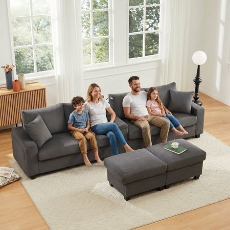 Pour un Salon Convivial Canapé d'Angle en U avec 2 Poufs Velours Côtelé Gris LED Liseuse Port USB et Rangement (1/5)