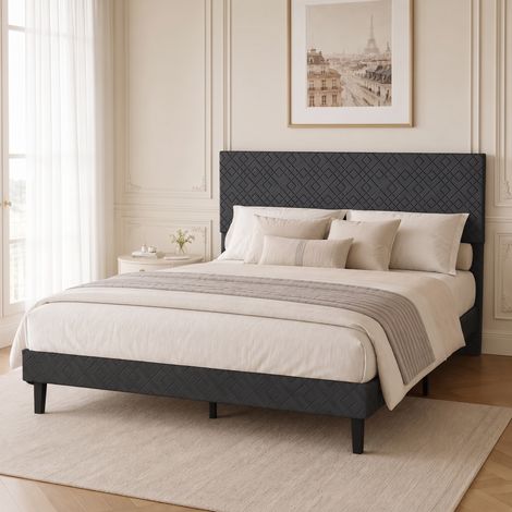 Letto matrimoniale 140 x 200 cm, con testiera dal design geometrico e rete a doghe, rivestimento in tessuto effetto lino, grigio (1/5)