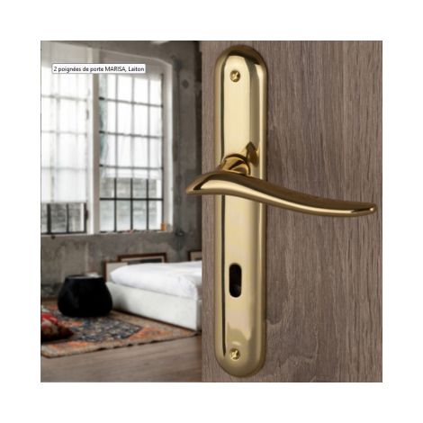 Ouvre&Déco – Poignée de porte intérieure design en laiton poli sur plaque Clé L entraxe 195 mm, MARISA (1/3)