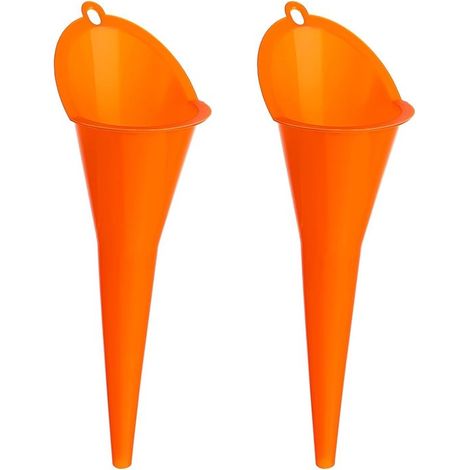 Juego de 2 embudos naranjas con boquilla larga (29 cm) – Manos libres, para aceite de motor, combustible y líquidos. (1/5)