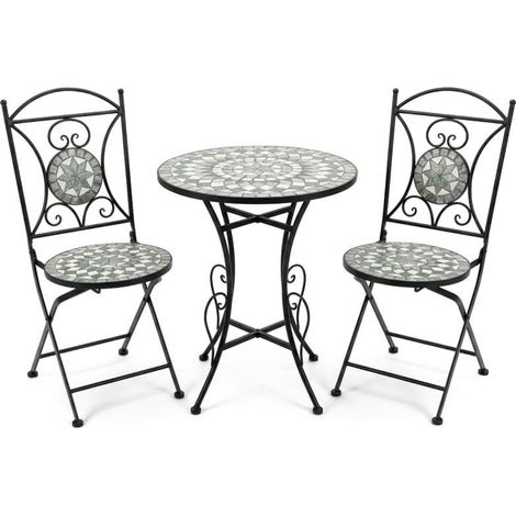 Ensemble de Table et 2 chaises de Jardin en métal et Pierre en Noir, Vert et Pierre 72 x 60 x 60 cm (1/5)