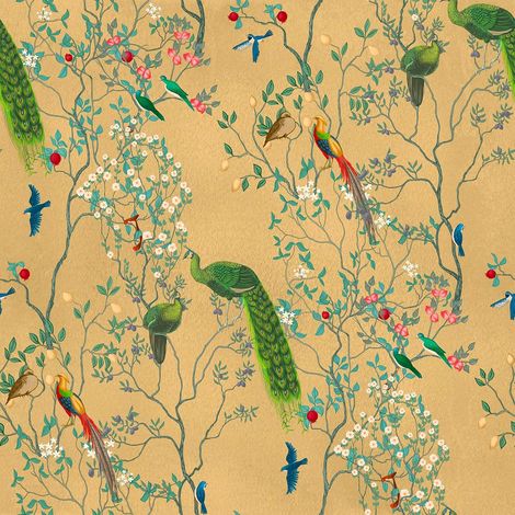 Papier Peint Fleuri Jaune Chinoiserie Vintage Papier Peint Oiseau Paon Motif Papiers Peints Adhesif Mural Papiers Peints Feuilles Tropical Adhesif pour Meuble Chambre Salon 44,5cm×300cm (1/5)