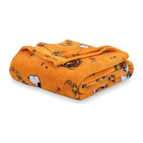 Peanuts Snoopy Samtdecke, 140 x 178 cm, Herbstdesign in Orange, verziert mit Woodstock- und Blattmotiven – Offizielles Produkt