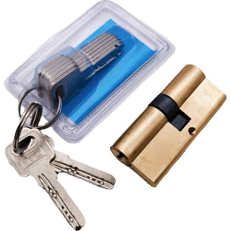 1 Cylindre de serrure européen 100mm laiton poli, 3 clés, anti-crochetage pour porte bois PVC (1/5)