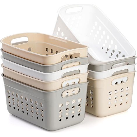 Lot de 9 paniers de rangement rectangulaires en plastique avec poignée pour étagère, maison, bureau (beige, blanc, gris) (1/5)