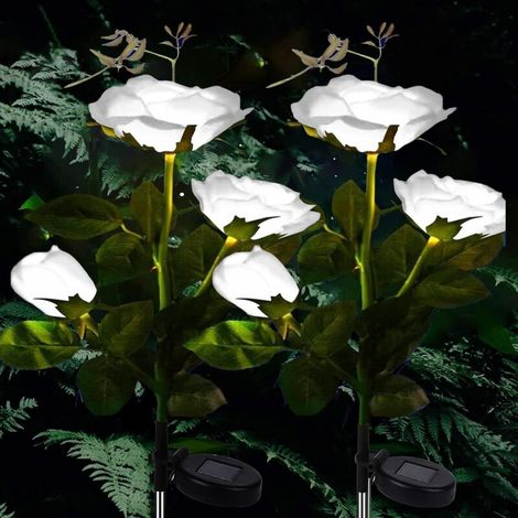 Lumières solaires Jardin-Paquet de 2 Lumières de chemin solaires Lampes solaires à LED extérieures décoratives avec 6 fleurs roses, pour la décoration de allée de allée de jardin de pelouse (blanc) (1/5)