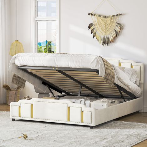 lit adulte coffre rangement 160x200 velours beige OKMYHOME