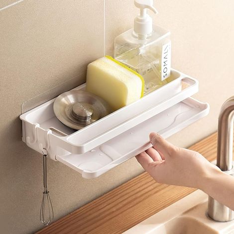 Hängender Spülbecken-Organizer ohne Bohren – Weißer Schwamm- & Handtuchhalter für die Spüle