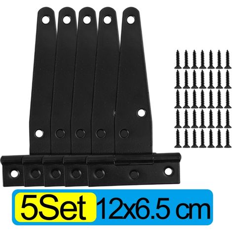 (Lot de 5 - 12 x 6,5 cm) Charnières robustes en fer noir en forme de T, galvanisées, pour portes, portails, abris de jardin, armoires, granges, pièces, avec vis (1/5)