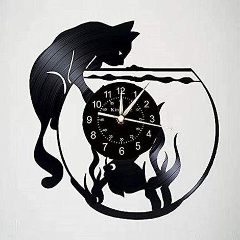 Horloge Murale en Vinyle, Horloge Murale à thème Chat et Poisson, Cadeau d'horloge Murale numérique pour la décoration de la Maison de L'Artiste. (Crochet Cadeau) (1/5)