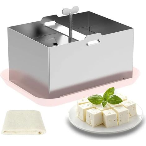 Presse à tofu en acier inoxydable avec étamine et bac d'égouttage, idéale pour la fabrication maison de tofu ferme, de fromage et de yaourt. Compatible lave-vaisselle. (1/3)