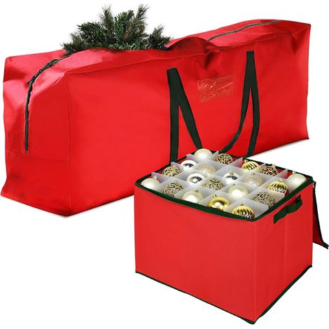Set Custodia per albero di natale e scatola porta palline - Borse impermeabile rosse con cerniera e manici, protezione da polvere e umidità (1/5)