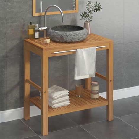 Armoire de toilette en teck solide avec lavabo en marbre Noir