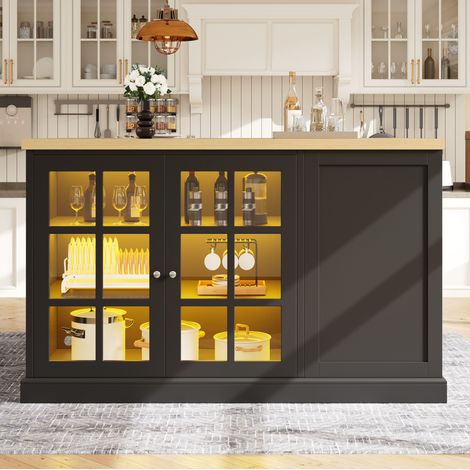 Îlot de cuisine pliant 120x40-70x90 cm noir en MDF et verre avec LED multicolore, range-bouteilles et tiroir (1/5)