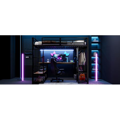 Lit mezzanine en métal 140x200cm avec rangement, penderie ouverte, port USB et éclairage LED, noir (1/5)