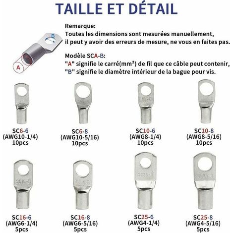 60 pièces cosses électriques en boîte connecteurs à sertir/à souder en cuivre étamé pour 6m㎡, 8m㎡, 10m㎡, 16m㎡, 25mm㎡ (1/4)