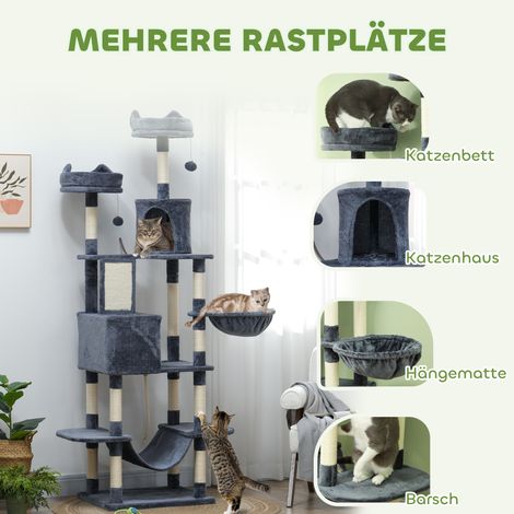 Arbre à chat 206 cm avec cachette, 2 balles de jeu, poteaux en sisal, plateforme pour grands félins, gris anthracite (1/4)