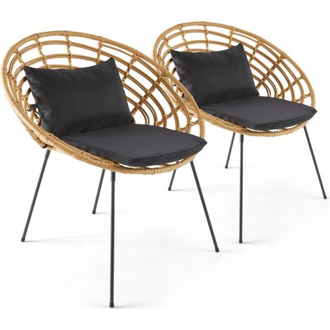 Oviala – Lot de 2 fauteuils de jardin ronds en résine tressée – Structure en acier anti-rouille – Coussins déhoussables en polyester – Assise profonde (1/7)