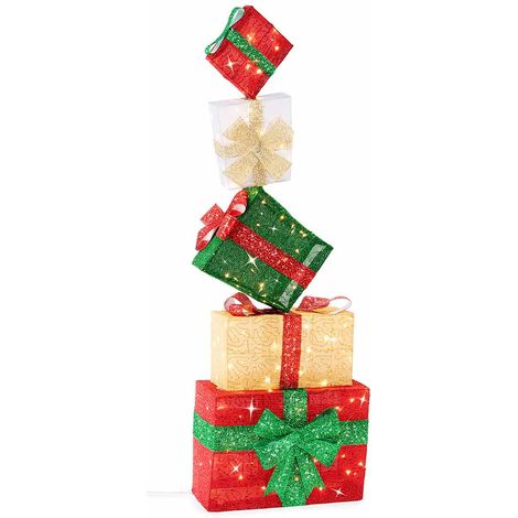 Torri di pacchi regalo natalizi con anima in metallo con luci LED. Decorazioni luminose ideali per vetrine di Natale, cm 55 x 32 x 163 H