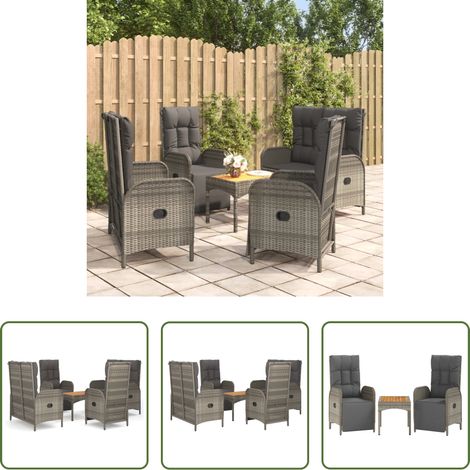 Gartenstuhl - 5-tlg. Garten-Essgruppe mit Kissen Grau Poly Rattan (1/5)