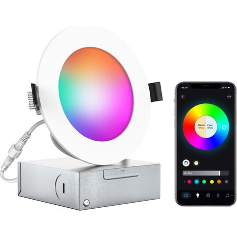 4-Zoll (10 cm) 9W RGB+CCT LED Smart-Einbaustrahler, 100-130V, kabellos und Bluetooth-kompatibel, Dual-Verbindung, Steuerung über mobile App und Sprachsteuerung, 16 Millionen Farben. (1/5)