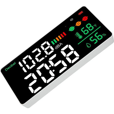 Wandmontiertes Dezibelmessgerät 30–130 dB, 11-Zoll-Schallpegelmesser mit LED-Anzeige, Thermometer, Hygrometer und Uhr, Innenraum-Lärmmessgerät (1/5)
