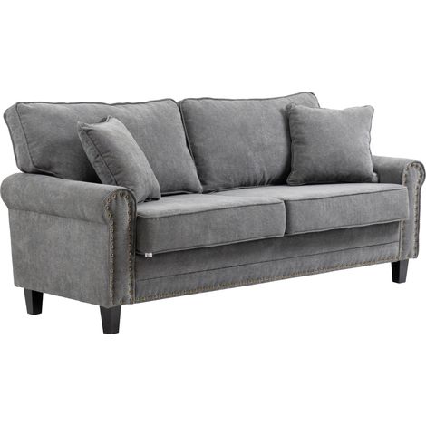 Canapé 3 places avec clous dorés antiques, revêtement en polyester et 2 coussins décoratifs, 196 x 80,5 x 89 cm, gris (1/5)