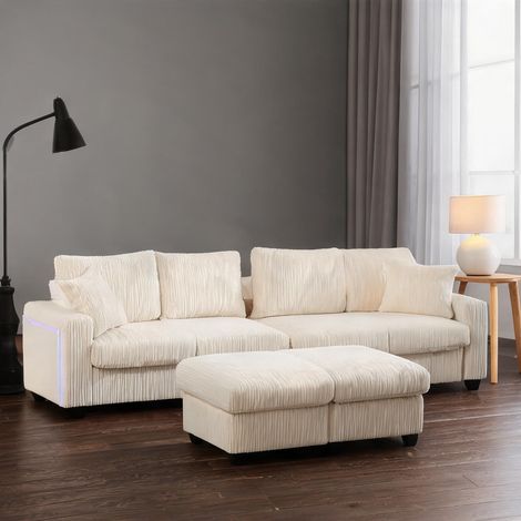 Canapé d'angle en U en velours côtelé beige avec 2 poufs (1/5)
