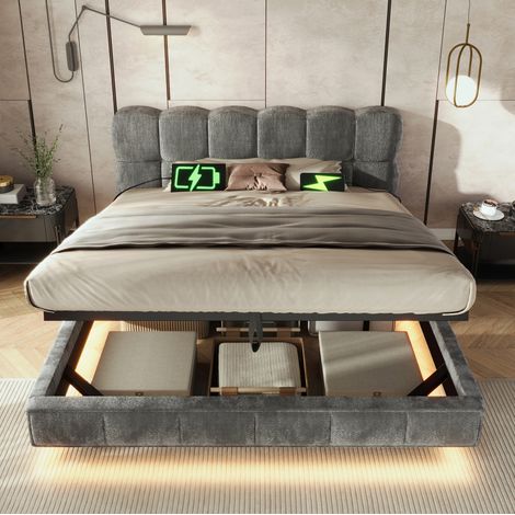 MODFU – Cama con arcón 140x190 cm de chenilla con LED, USB/Type-C, arcón hidráulico, somier de láminas y carga 300 kg – Gris (1/5)