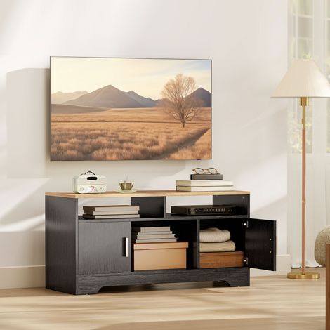 TV-Möbel/Bank aus Holz mit 2 Ablagen, 2 Schränken mit Türen und einem offenen Fach, 105 x 40 x 52 cm, schwarze Holzoptik