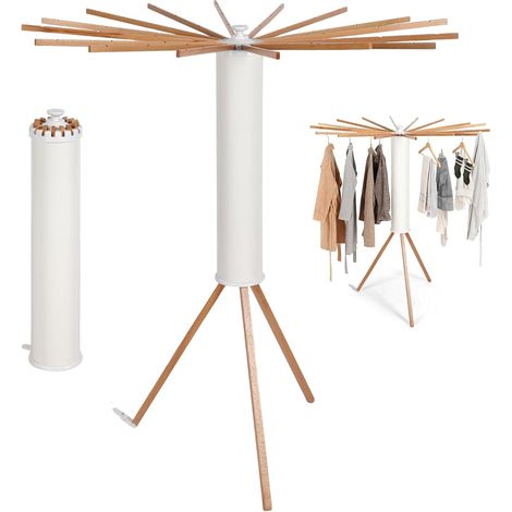 Séchoir à linge pliable peu encombrant avec 16 bras en bois et 48 emplacements suspendus - Support de séchage moderne en forme de pieuvre - Support portable pour balcon, intérieur, buanderie (blanc) (1/5)