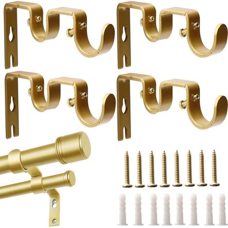 Double Curtain Rod Brackets – 4-Pack Sturdy Metal Wall Mounts, Compatible with 1" and 5/8" Rods, with Screws, for Living Room, Bedroom, and Office (1/5)