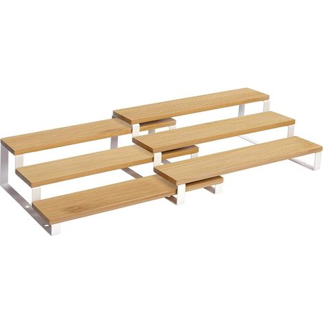 Bamboo spice rack set (2 pieces), 3-tier extendable spice rack, suitable for countertops, kitchens and bathrooms, wood grain finish. (1/5)